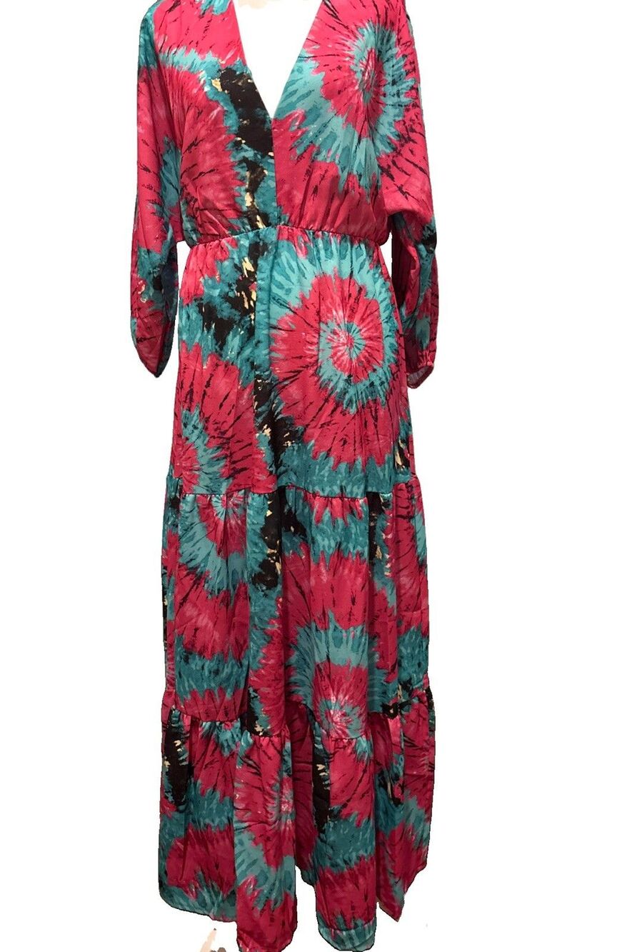 Estee Paris Brown New Maxi Dress Boho Tie-Dye Flowy Tiered S - Picture 2 of 5